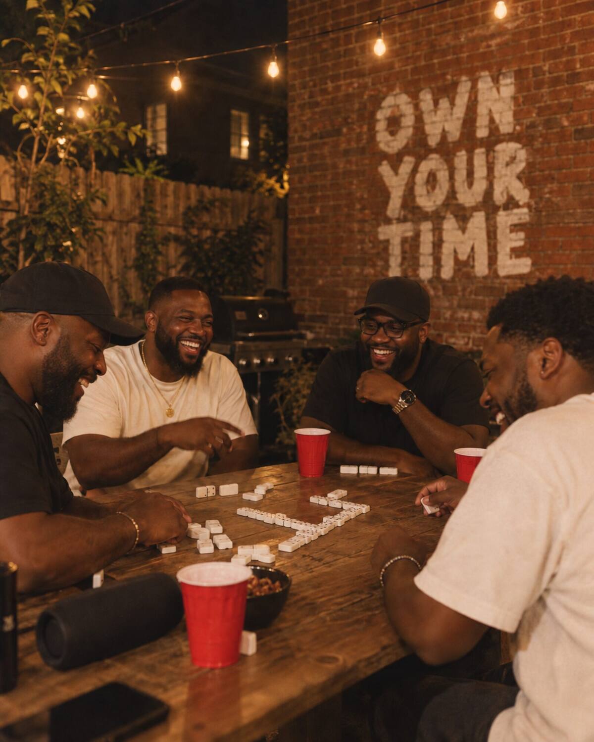Four men laughing over a game of dominoes in a backyard at night