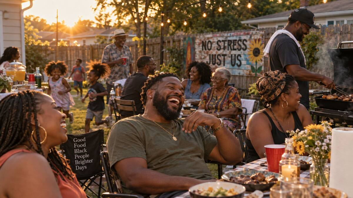 Friends and family laughing around a table in a backyard at golden hour